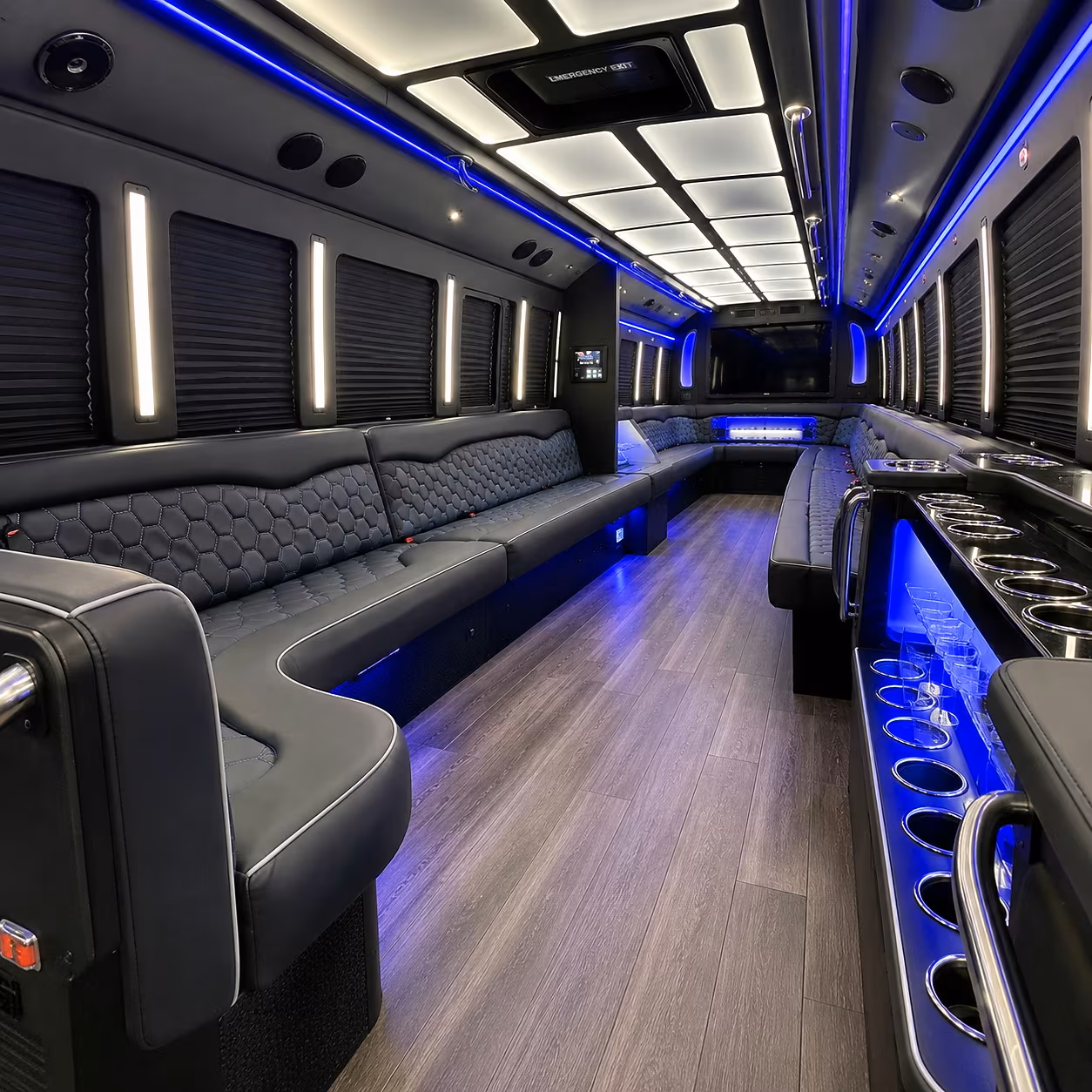 Wedding guests seated inside a party bus serving Newport News